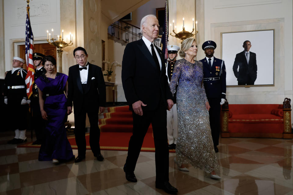 WASHINGTON, DC - APRIL 10: U.S. President Joe Biden (2nd R), and first lady Jill Biden (R) welcome Japanese Prime Minister Fumio Kishida (2nd L) and his wife Yuko Kishida (L) to the White House for a state dinner on April 10, 2024 in Washington, DC. U.S. President Joe Biden and first lady Jill Biden are hosting a state dinner for Japanese Prime Minister Fumio Kishida as part of his official state visit.  (Photo by Chip Somodevilla/Getty Images)