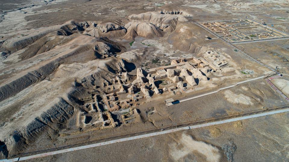 An aerial photo shows the archaeological site of Ur amid preparations for Pope Francis' visit near Nasiriyah, Iraq, Saturday, March 6, 2021. Pope Francis arrived in Iraq on Friday to urge the country's dwindling number of Christians to stay put and help rebuild the country after years of war and persecution, brushing aside the coronavirus pandemic and security concerns to make his first-ever papal visit. (AP Photo/Nabil al-Jourani)