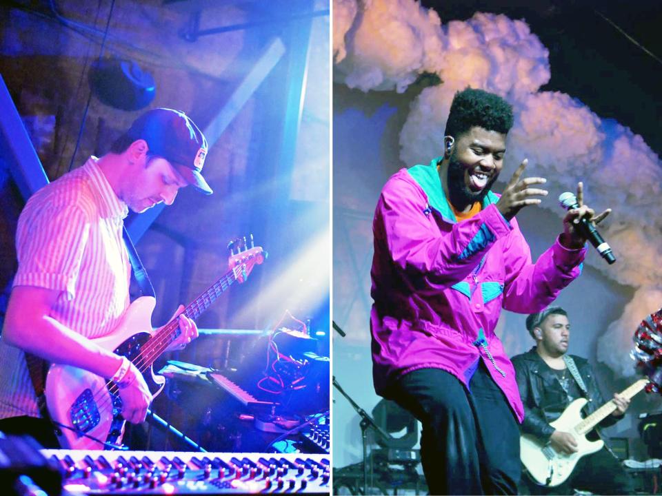 Left: a man in a white shirt and dark hat plays a white guitar with a keyboard in front of him. Right: Khalid in a purple jacket dances on a stage with fake clouds and a guitarist behind him.