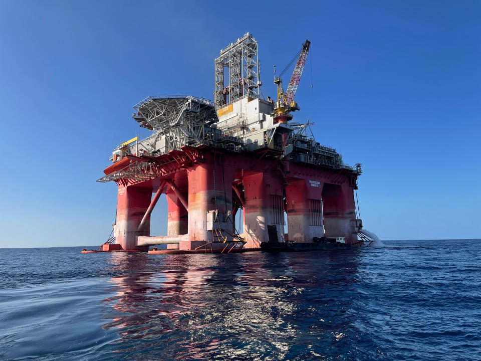This undated picture released by TotalEnergies shows the drilling rig, Transocean Barents, which arrived at its location in the Mediterranean Sea on Wednesday, Aug. 16, 2023. The rig is expected to begin drilling in September in Lebanese waters near the border with Israel after the two countries reached a deal last year on their maritime border. Lebanon and Israel have formally been at war since Israel's creation in 1948. (TotalEnergies via AP)