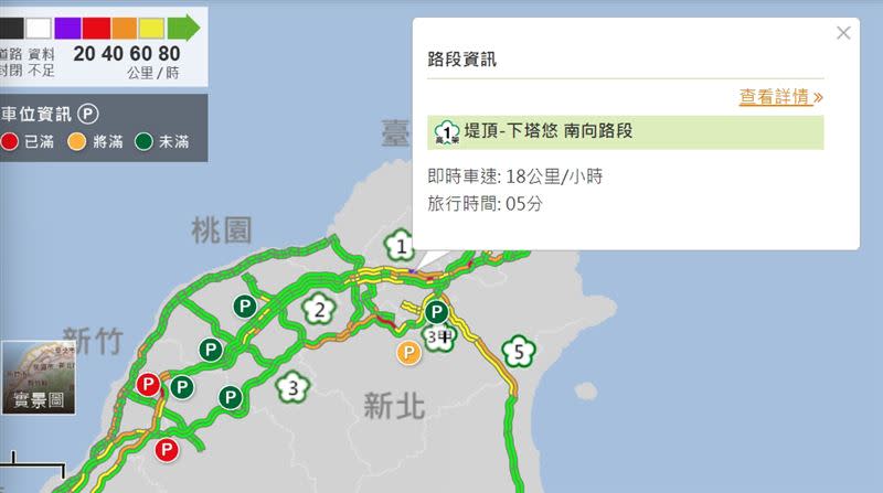 國1高架堤頂-下塔悠南向路段紫爆，車速低於20公里。（圖／翻攝自高速公路1968）