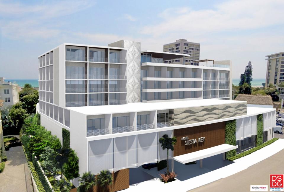 One of the two proposed hotels that could be built in Siesta Key Village if developers can convince Sarasota County commissioners to remove a more than three-decade-old county policy set in place to prevent overdevelopment of the popular tourist attraction.