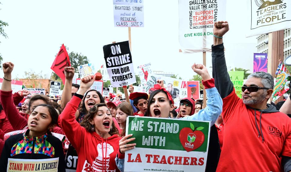 Teachers from the Los Angeles Unified School District and their supporters rally in Los Angeles, California on January 18, 2019.