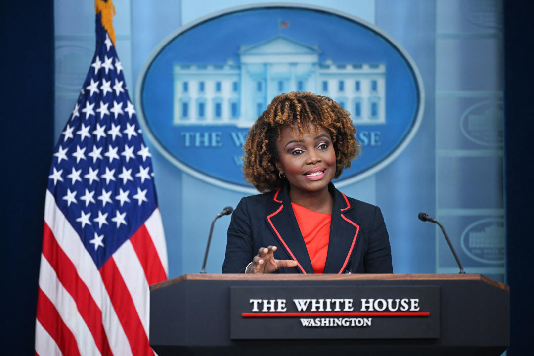 White House Press Secretary Karine Jean-Pierre speaks during the daily briefing in the Brady Briefing Room of the White House in Washington, DC, on March 22, 2024. The White House wished Britain's Catherine, Princess of Wales, a full recovery on Friday after the 