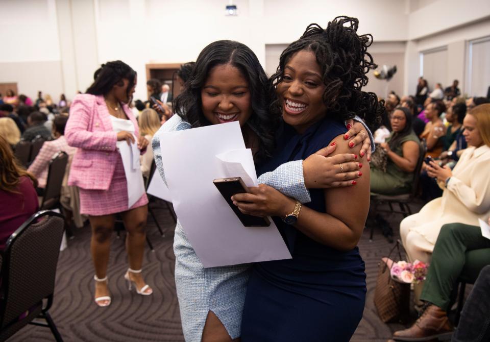 Rachel Branham and Natalie Duncan embrace after finding out where they will be attending residency during the annual School of Medicine Match Day at Meharry Medical College in Nashville, Tenn., Friday, March 15, 2024.