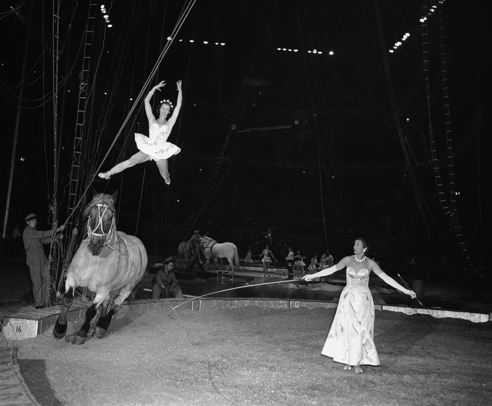 <p>When 17-year-old Ilonka Karoly steps into the circus ring, spectators wonder how one of her age and size can do all the things she does at one performance. Ilonka is a ballerina with the Ringling Bros. and Barnum and Bailey circus, May 12, 1956, in New York. (AP Photo/Robert Kradin) </p>