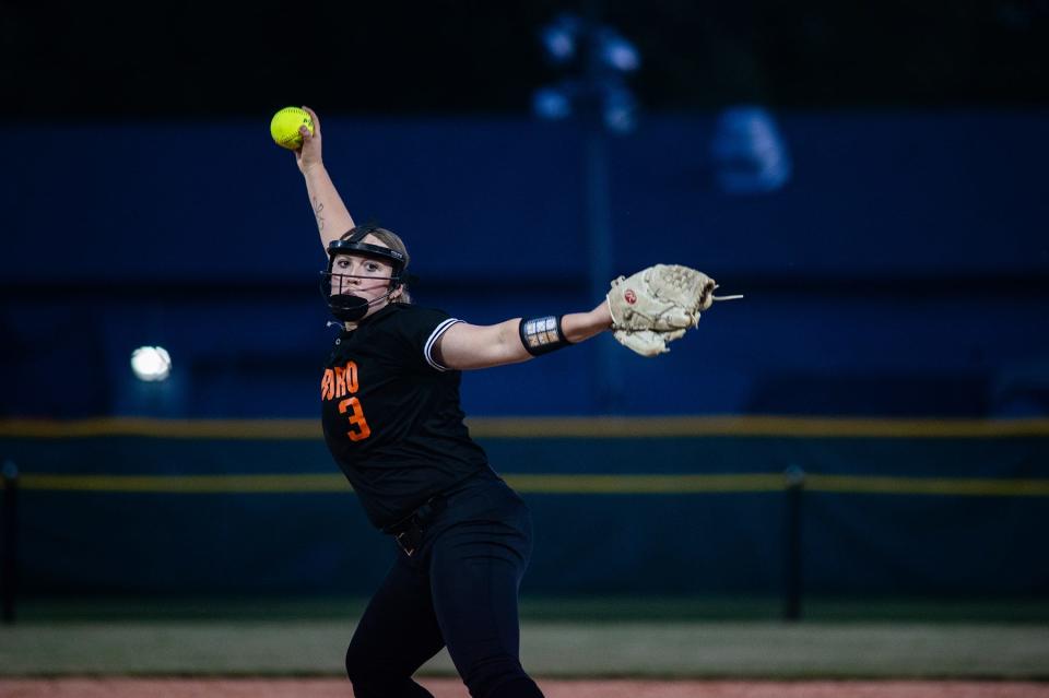 Marlboro's Leah Gunsett delivers a pitch against Pine Plains during the MHAL softball final on May 13, 2024.