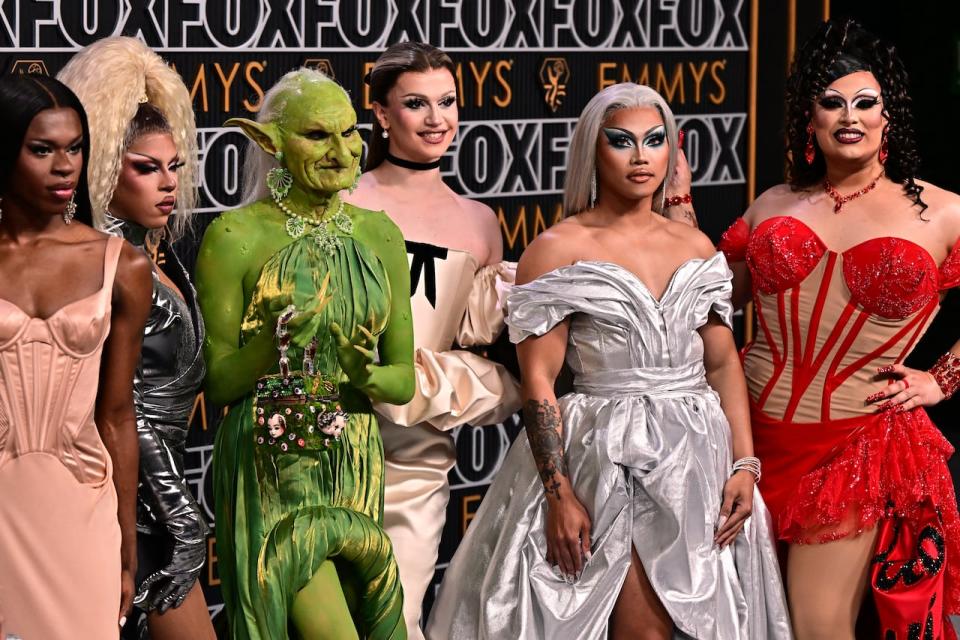 Drag artists from RuPaul's Drag Race arrive for the 75th Emmy Awards at the Peacock Theatre in Los Angeles on Monday. The show is nominated for outstanding reality competition program. (Frederic J. Brown/AFP/Getty Images - image credit)