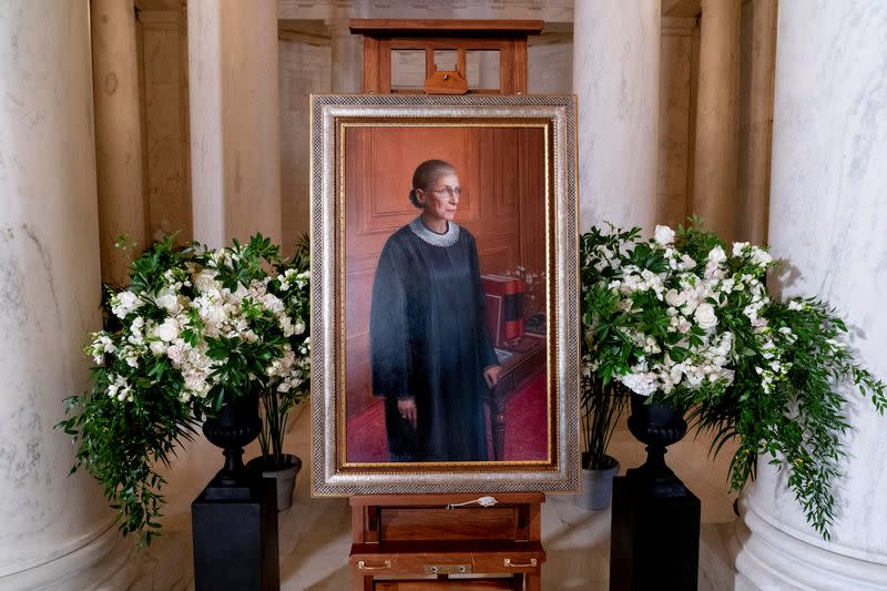 A portrait of Associate Justice Ruth Bader Ginsburg by artist Constance P. Beaty is displayed following a private ceremony for her at the Supreme Court in Washington