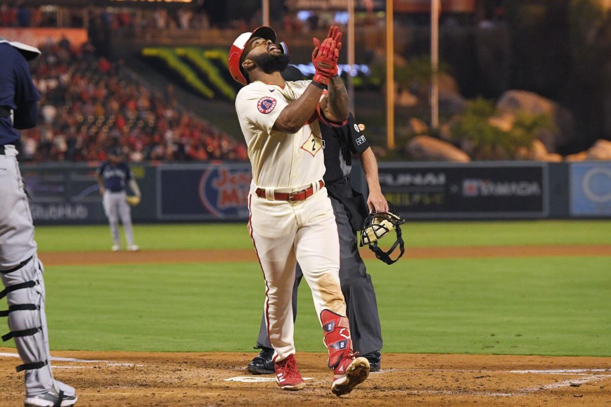 The Angels' Luis Rengifo looks skyward after he hit a solo home run during the third inning Sept. 16, 2022.