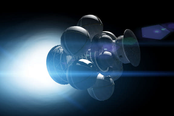 The Daedalus spacecraft's spherical tanks contain the fuel pellets for the nuclear fusion engine.