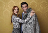 Jessica Chastain, left, the star of "The Eyes of Tammy Faye," poses for a portrait with director Michael Showalter during the 2021 Toronto International Film Festival, Sunday, Sept. 12, 2012, at the Royal Fairmont York in Toronto. (AP Photo/Chris Pizzello)