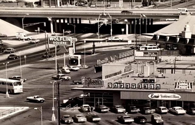 Furrs Cafeteria and Eva's are shown in this early photo of Wolflin Square.