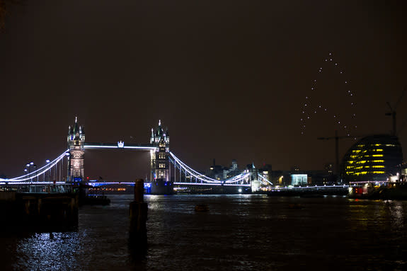 Another view of the "Star Trek" logo in the London skies, which a fleet of drones created on March 23, 2013 to mark "Earth hour" and promote the upcoming film "Star Trek: Into Darkness." London's iconic Tower Bridge is at left.