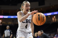 California Baptist guard Nhug Bosch Duran (4) reaches for the ball during the first half of an NCAA college basketball game against Stephen F. Austin in the championship of the Western Athletic Conference women's tournament Saturday, March 16, 2024, in Las Vegas. (AP Photo/David Becker)