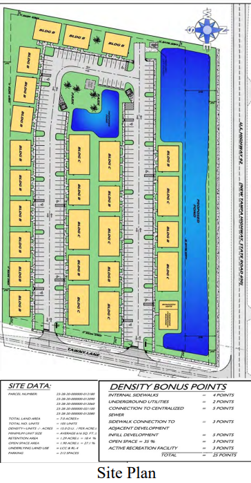The site plan for the newly extended project on the south side of New Tampa Highway, as presented in the staff report.