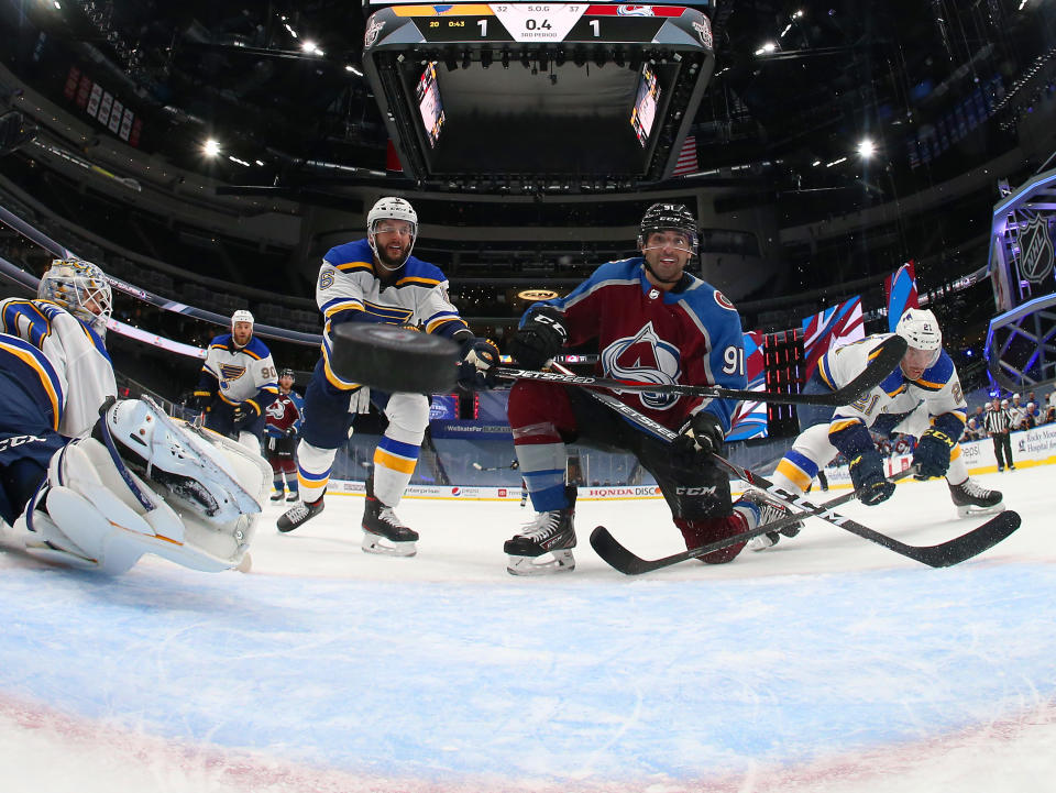 EDMONTON, ALBERTA - AUGUST 02:  Nazem Kadri #91 of the Colorado Avalanche reacts as the puck bounces back out of the net for a goal with less than one second remaining in the third period of the Round Robin game against the St. Louis Blues during the 2020 NHL Stanley Cup Playoff at Rogers Place on August 02, 2020 in Edmonton, Alberta. The Avalanche defeated the Blues 2-1. (Photo by Dave Sandford/NHLI via Getty Images)