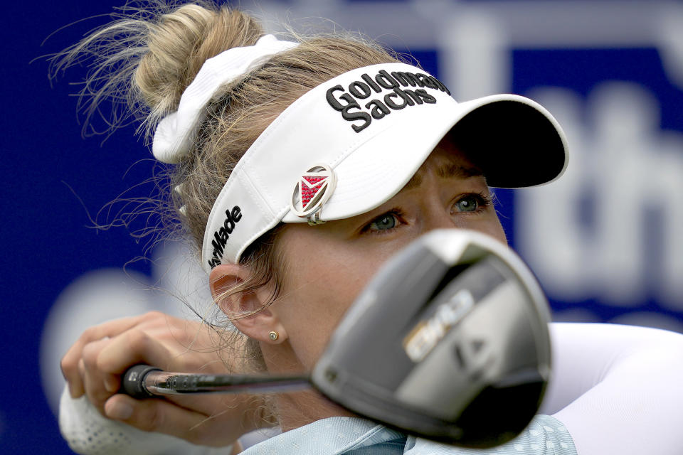 Nelly Korda hits from the 14th tee during the second round of the Chevron Championship LPGA golf tournament Friday, April 19, 2024, at The Club at Carlton Woods, in The Woodlands, Texas. (AP Photo/David J. Phillip)