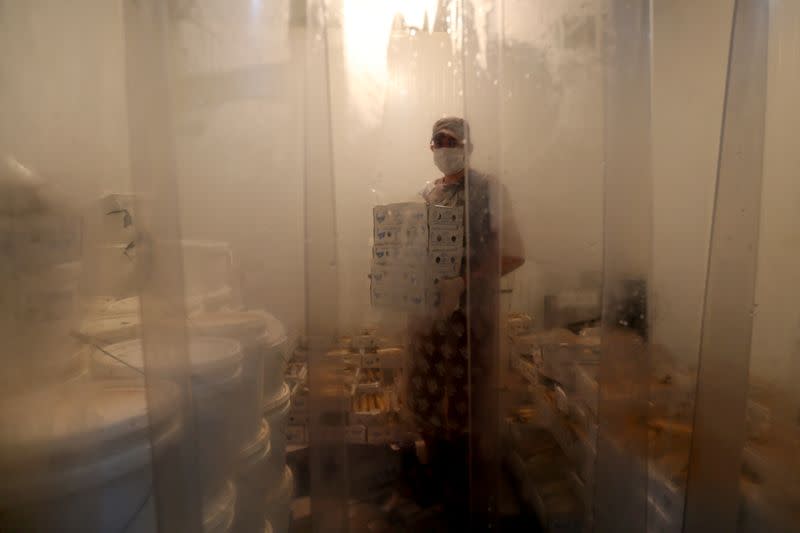 A worker poses inside a freezer as he prepares Ringa, a smoked fish traditionally eaten by Palestinians during the upcoming holiday of Eid al-Fitr marking the end of Ramadan