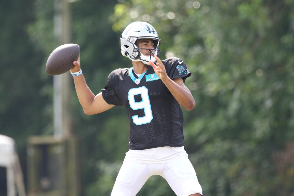 Carolina Panthers quarterback Bryce Young throws during a training camp practice on Aug. 6. (John Byrum/Icon Sportswire via Getty Images)