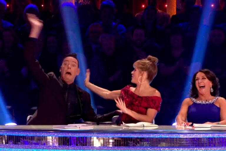 Strictly’s Craig Revel Horwood falls off his chair channeling Bruno Tonioli as Debbie McGee tops leaderboard