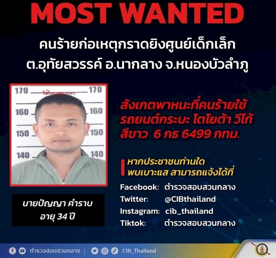 泰國一名前警官在一所幼兒園內開槍，造成至少31人死亡，警方已發布通緝令。(圖取自推特)