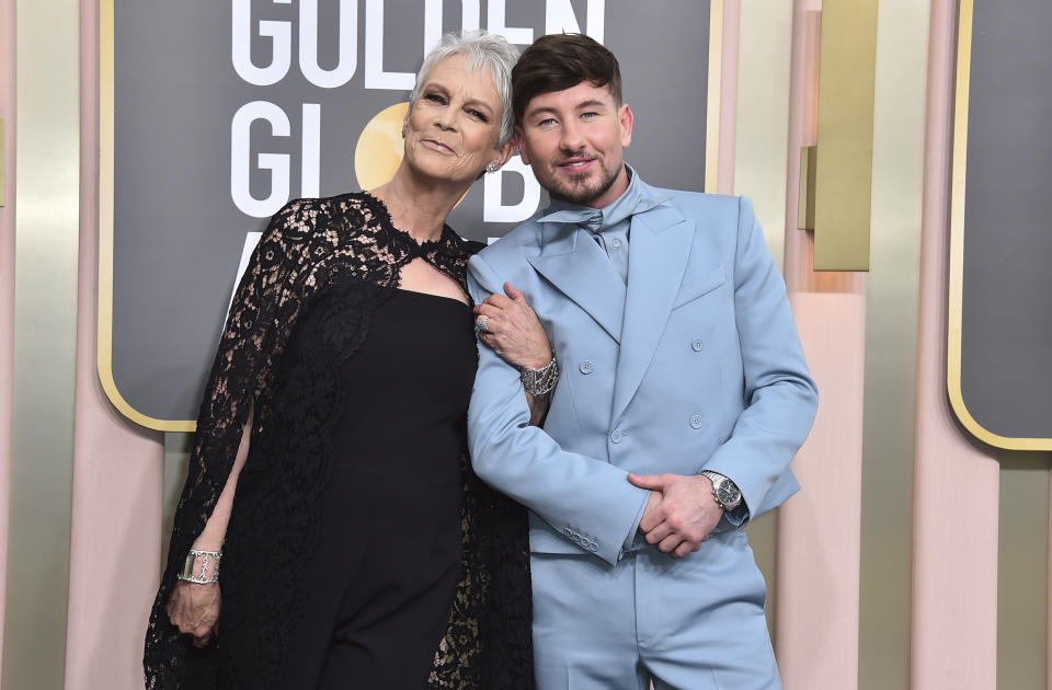 Jamie Lee Curtis, left, and Barry Keoghan arrive at the 80th annual Golden Globe Awards at the Beverly Hilton Hotel on Tuesday, Jan. 10, 2023, in Beverly Hills, Calif. (Photo by Jordan Strauss/Invision/AP)