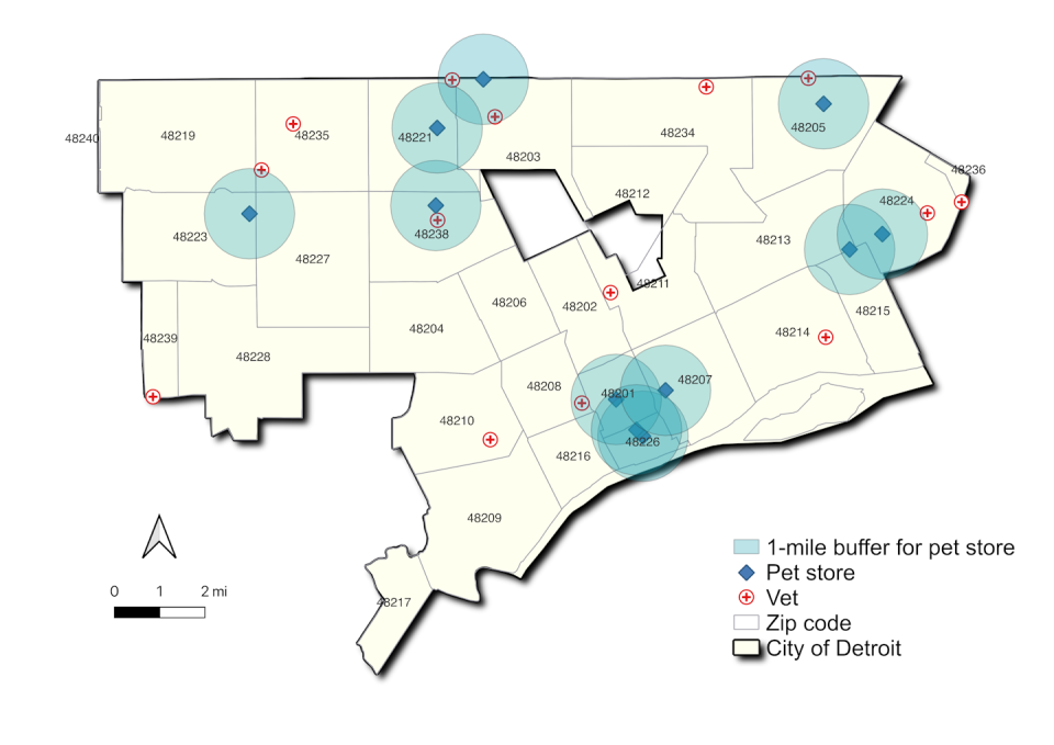 Map dividing Detroit into zip codes, with pet supply stores identified.