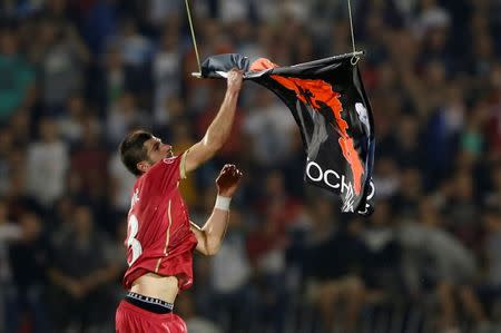 Stefan Mitrovic of Serbia grabs a flag depicting so-called Greater Albania, an area covering all parts of the Balkans where ethnic Albanians live, that was flown over the pitch during the Euro 2016 Group I qualifying soccer match between Serbia and Albania at the FK Partizan stadium in Belgrade October 14, 2014. REUTERS/Marko Djurica