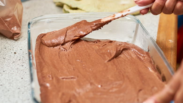 batter in glass baking dish