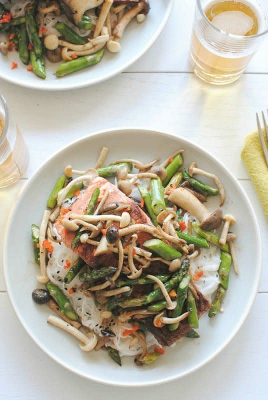 <strong>Get the <a href="http://bevcooks.com/2013/03/seared-salmon-with-mushrooms-and-asparagus-over-coconut-noodles/" target="_blank">Seared Salmon with Mushrooms and Asparagus over Coconut Noodles recipe </a>from Bev Cooks</strong>