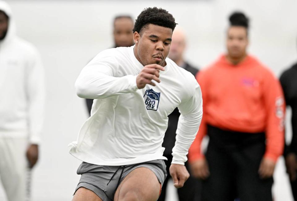 Defensive end Chop Robinson runs the 3 cone drill during Penn State’s Pro Day on Friday, March 15, 2024 in Holuba Hall.