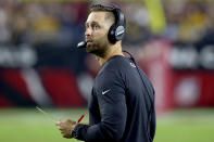 Arizona Cardinals head coach Kliff Kingsbury watches the clock during the first half of an NFL football game against the Pittsburgh Steelers, Sunday, Dec. 8, 2019, in Glendale, Ariz. (AP Photo/Ross D. Franklin)