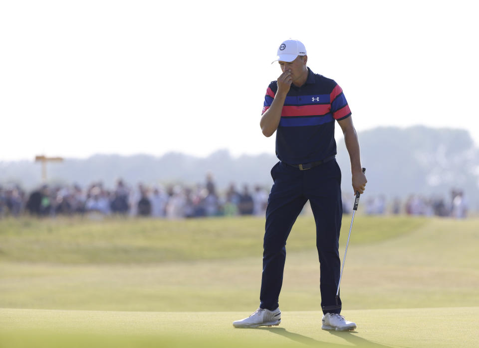 United States' Jordan Spieth reacts after missing a put on the 16th during the final round of the British Open Golf Championship at Royal St George's golf course Sandwich, England, Sunday, July 18, 2021. (AP Photo/Ian Walton)