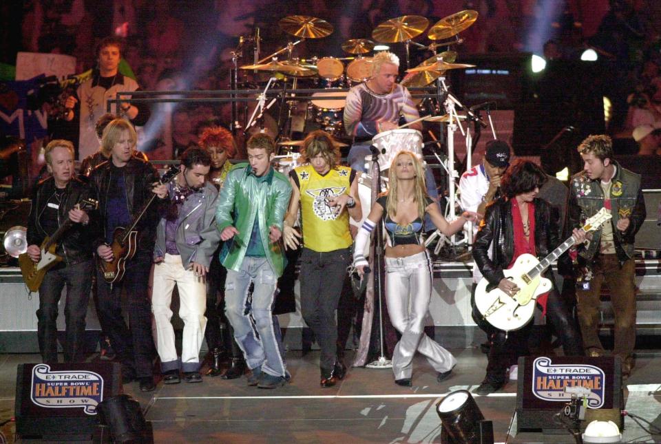 NSYNC, Aerosmith and Britney Spears all perform during the halftime show for Super Bowl XXXV January 28, 2001 at the Raymond James Stadium in Tampa, FL.