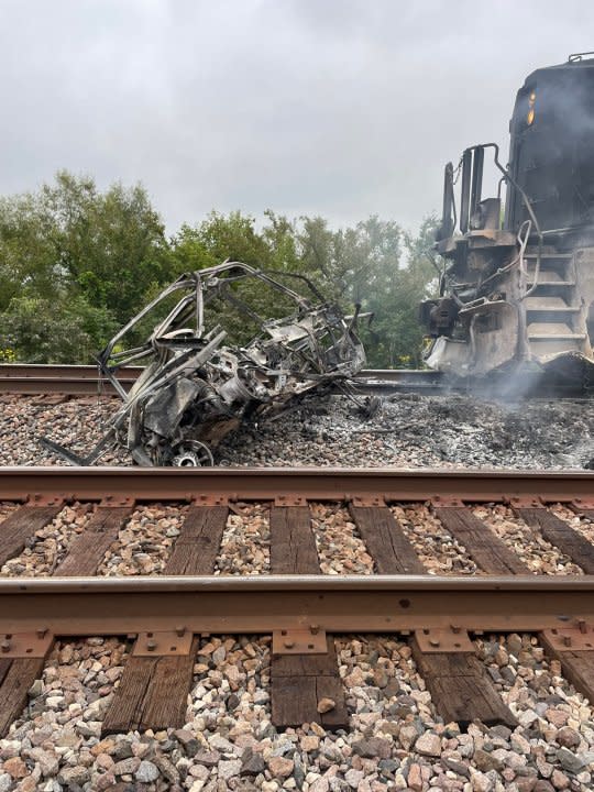 A BNSF Railway train hit an ATV that was stuck on the tracks Monday near Mendon, Missouri, officials say. (Photo via MSHP)