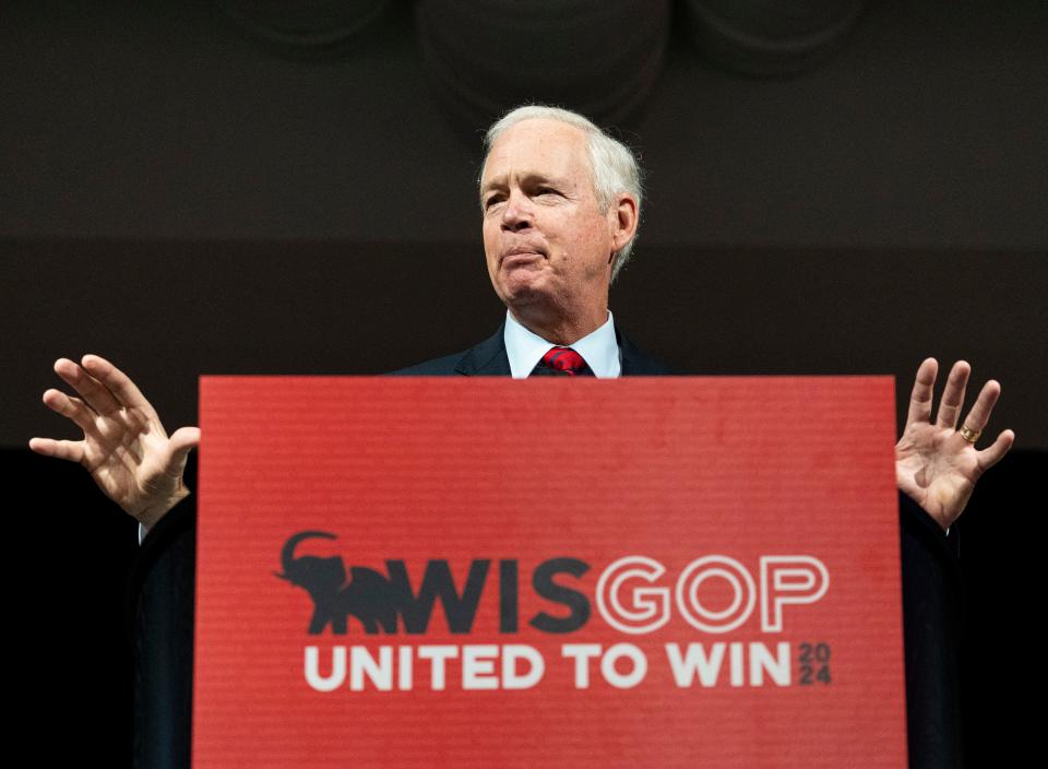 U.S. Sen. Ron Johnson makes remarks during the 2024 Republican Party Of Wisconsin State Convention on Saturday May 18, 2024 at the Fox Cities Exhibition Center in Appleton, Wis.