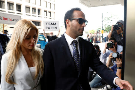Former Trump campaign aide George Papadopoulos with his wife Simona Mangiante arrives for his sentencing hearing at U.S. District Court in Washington, U.S., September 7, 2018. REUTERS/Yuri Gripas