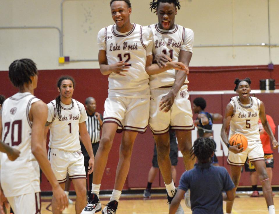 Lake Worth rejoices after a successful win against Wellington at the regional quarterfinals on Feb. 15, 2024.