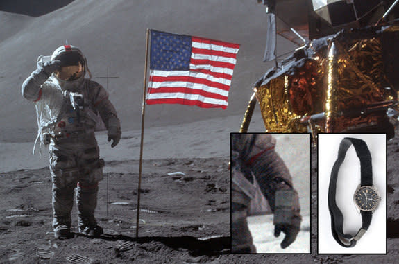 Apollo 15 commander David Scott salutes the U.S. flag he helped plant on the moon in July 1971. On Scott's left arm can be seen the only privately-owned watch to be worn on the lunar surface, which is now heading to auction.