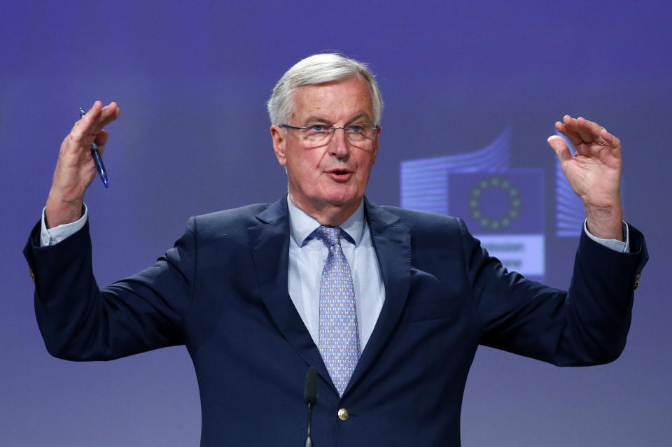 European Union's chief Brexit negotiator Michel Barnier speaks during a media conference, following the third round of Brexit talks between the EU and Britain, at EU headquarters in Brussels, Friday, May 15, 2020. Talks between the European Union and the United Kingdom on their future relationship in the wake of Brexit have ground to a near-standstill despite the urgency for progress before a summit next month.(Francois Lenoir, Pool Photo via AP)