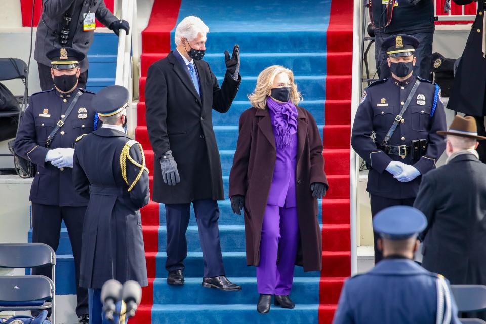 Former President Bill Clinton arrives with former Democratic presidential nominee Hillary Clinton for the inauguration of President-elect Joe Biden on the West Front of the U.S. Capitol on Jan. 20, 2021, in Washington