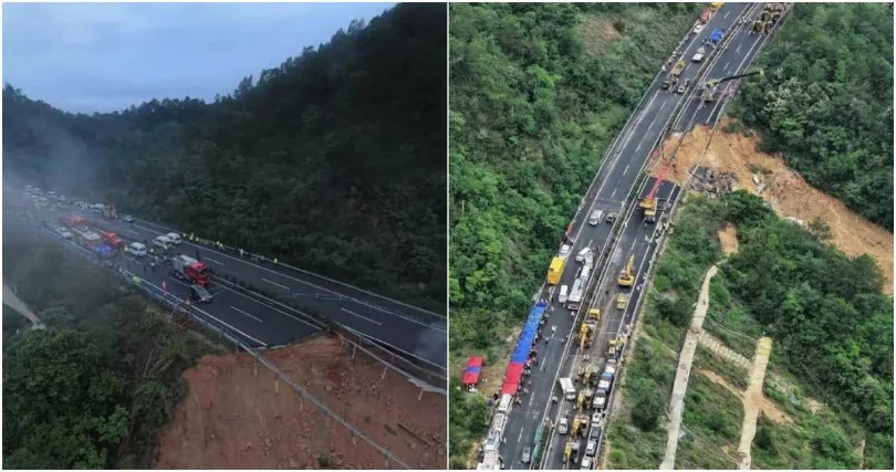 中國廣東省梅大高速公路驚傳坍塌意外，數十部車輛當場墜落深坑爆炸起火，導致24死30傷的憾事。（圖／擷取自微博）