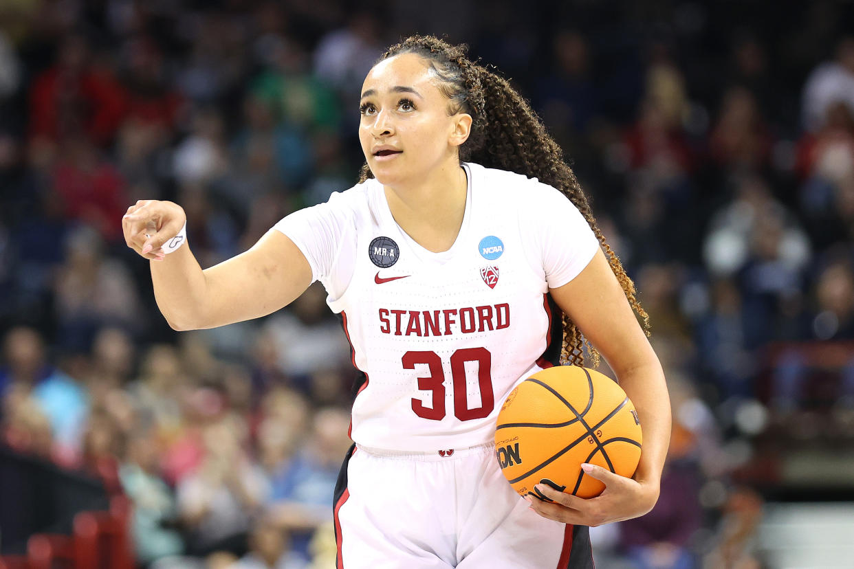 Stanford's Haley Jones handles the ball during a Sweet 16 game against Maryland on March 25, 2022, in Spokane, Washington. (Abbie Parr/Getty Images)