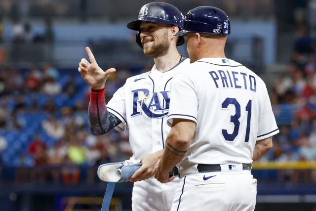 Brandon Lowe of the Tampa Bay Rays on before a game against the