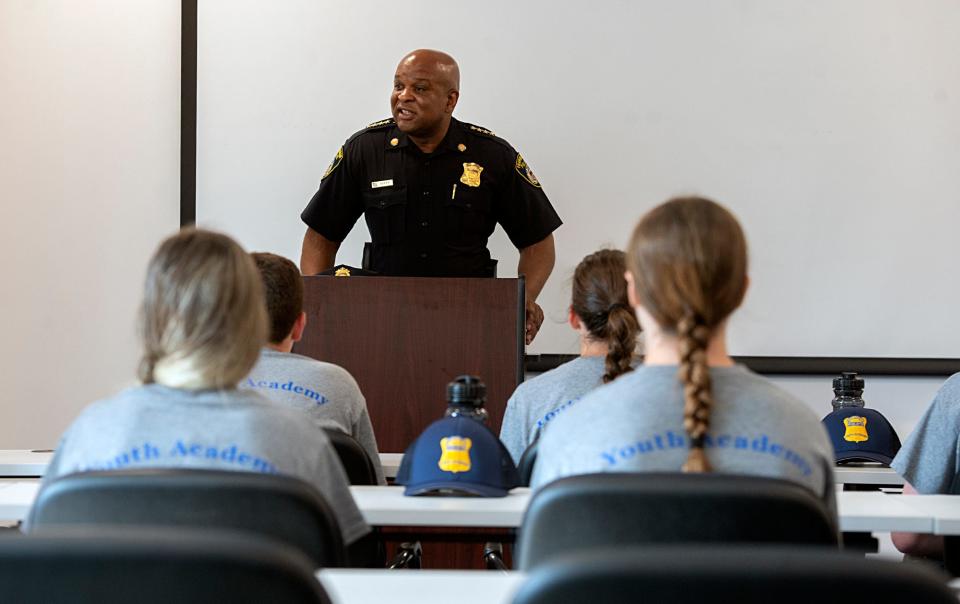 Framingham Police Chief Lester Baker addresses cadets on the first day of the annual Framingham Youth Police Academy, at Loring Arena in late July. Gov. Maura Healey has appointed Baker to serve on the state Peace Officers Standards and Training Commission.