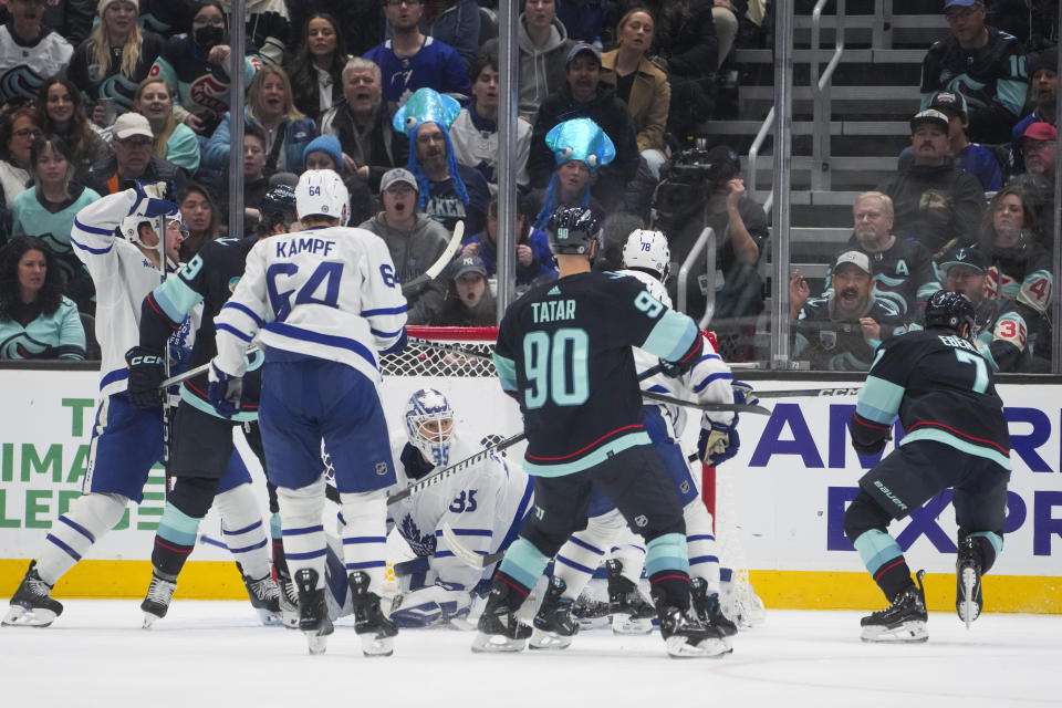 Toronto Maple Leafs goaltender Ilya Samsonov (35) looks back after allowing a goal by Seattle Kraken right wing Jordan Eberle (7) during the second period of an NHL hockey game Sunday, Jan. 21, 2024, in Seattle. (AP Photo/Lindsey Wasson)