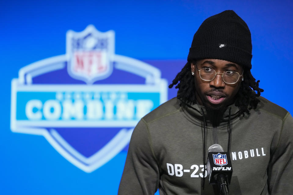 Penn State defensive back Joey Porter speaks during a press conference at the NFL football scouting combine in Indianapolis, Thursday, March 2, 2023. (AP Photo/Michael Conroy)