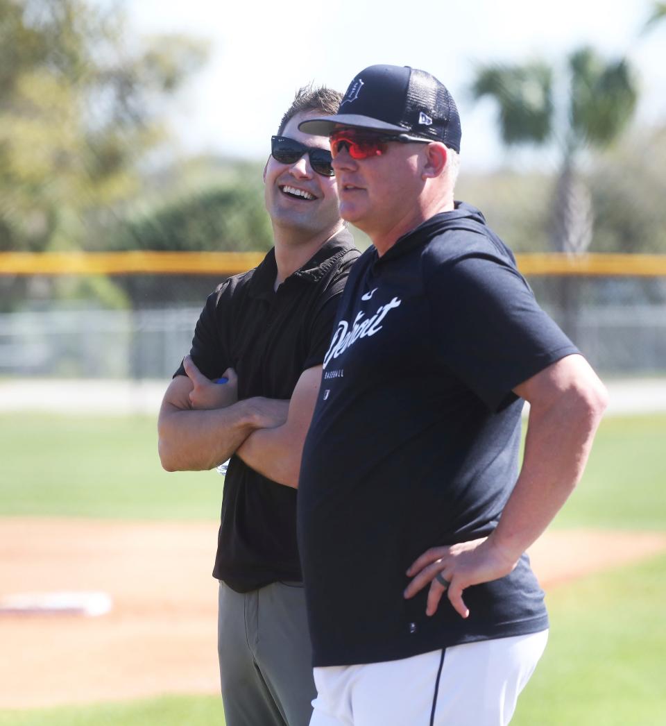 Tigers president of baseball operations Scott Harris and manager A.J. Hinch talk during spring training on Friday, Feb. 17, 2023, in Lakeland, Florida.
