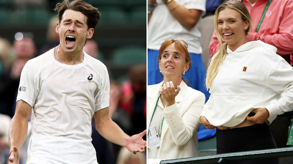 Katie Boulter was cheering on her boyfriend Alex de Minaur from the stands during the Aussie's second round win at Wimbledon. Pic: Getty
